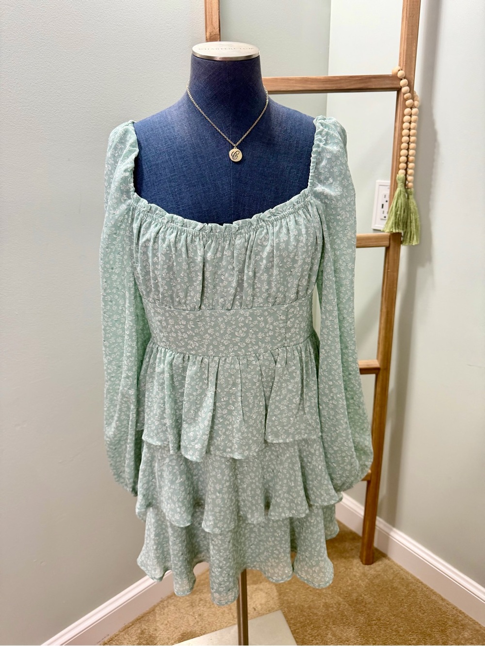 Altar'd State Green Aitana Floral Smocked Ruffle Mini Dress Size Large